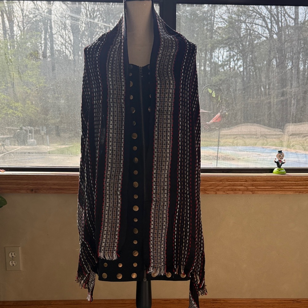 Maurices Black, White & Red Striped Fringe Scarf